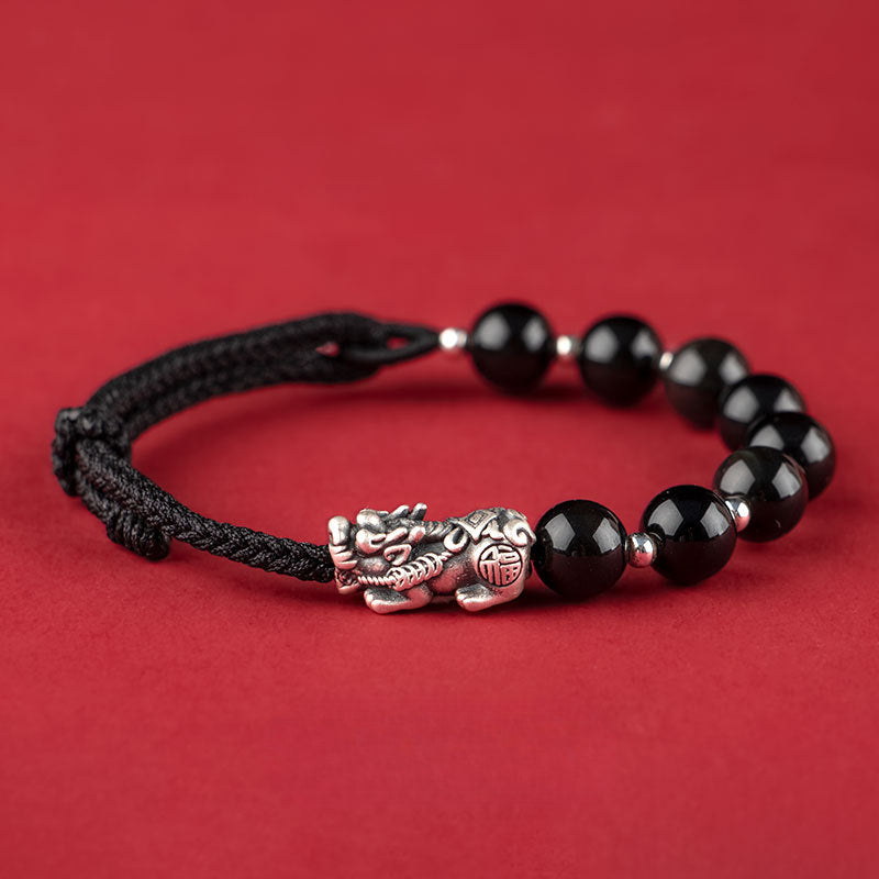 Fortune's Favor Sterling Silver Crystal and Obsidian Bracelet for Men and Women
