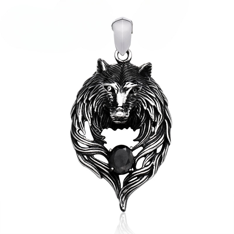 Viking-Inspired Titanium Steel Wolf Head Pendant with Stone Accents for Men
