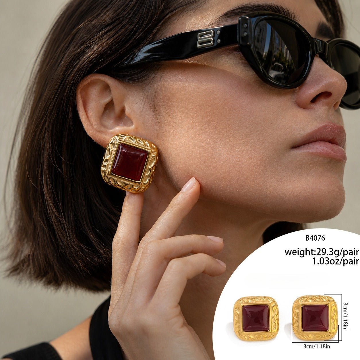 Planderful Stainless Steel Stud Earrings Tiger Stone Inlaid Geometric Pearl Square Statement For Trendsetting Women