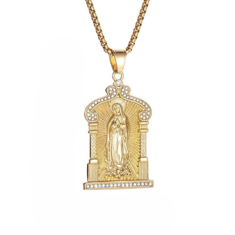 Planderful Maria Pendant Necklace For Men Titanium Steel Gold Plated 18K Rhinestone Hip Hop Style