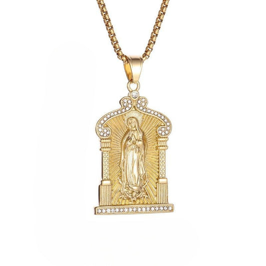 Planderful Maria Pendant Necklace For Men Titanium Steel Gold Plated 18K Rhinestone Hip Hop Style