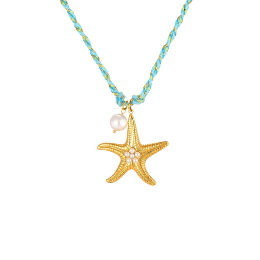 Hot-Selling Temu Ocean Wind Stainless Steel Sea Star Imitation Pearl Blue Braided Rope Necklace
