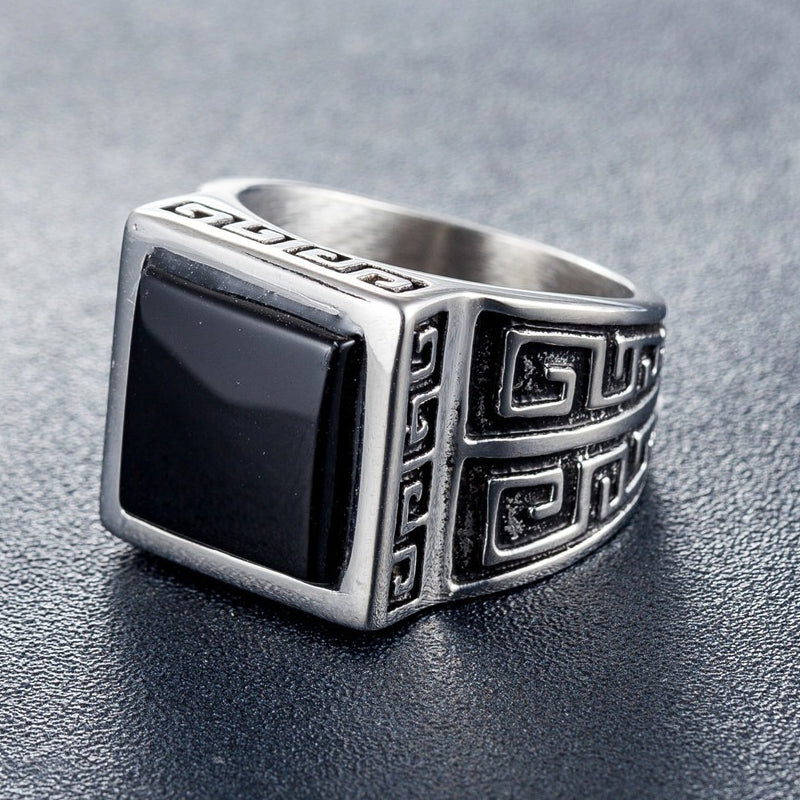 Planderful Titanium Steel Ring For Men Unisex With Durable Matte Black Finish And Great Wall Pattern