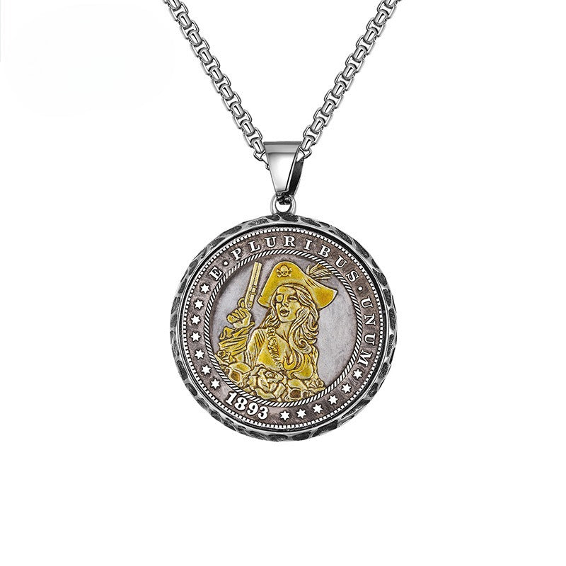 Stainless Steel Necklace - Statement Skull Disc Pendant With Mahjong Coin Charm Limited Edition