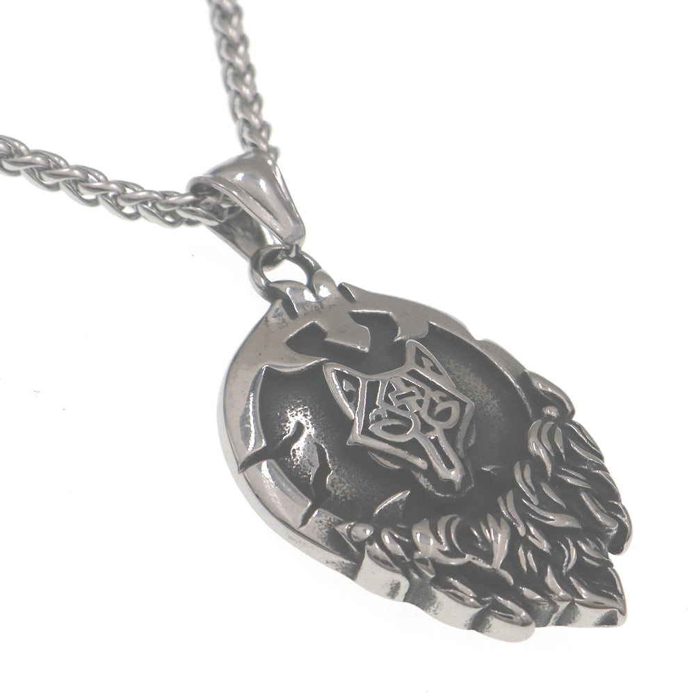 Nordic Myth Rune Necklace with Viking Odin Wolf Head Pendant for Men