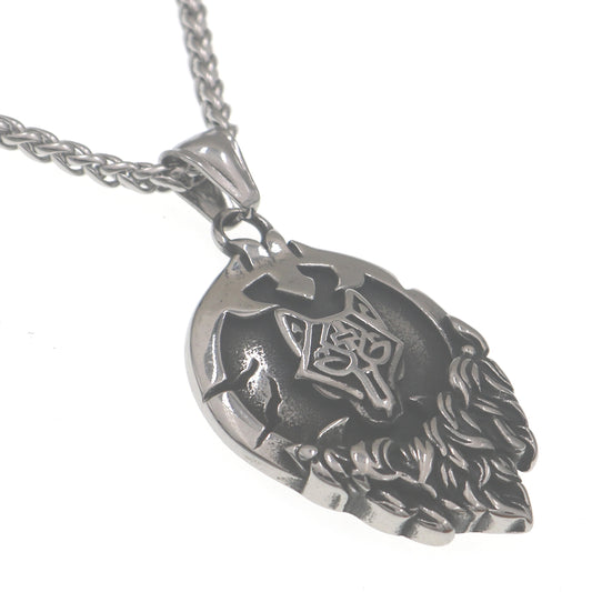 Nordic Myth Rune Necklace with Viking Odin Wolf Head Pendant for Men