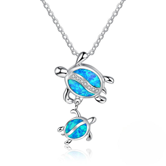 Planderful Jewelry Ocean Series Opal Two Turtle Necklace In Sterling Silver Elegance