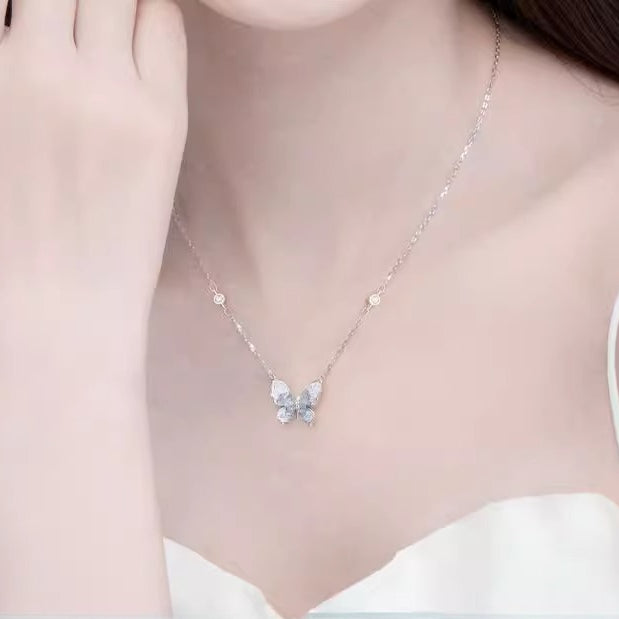 Planderful Sterling Silver Ice Butterfly Necklace For Women Zircon Pendant Collarbone Chain Gift For Girlfriend
