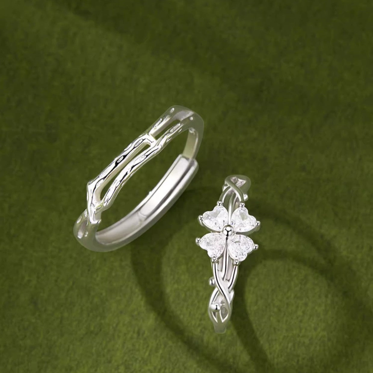 New 925 Sterling Silver Love Heart Four-Leaf Clover Ring