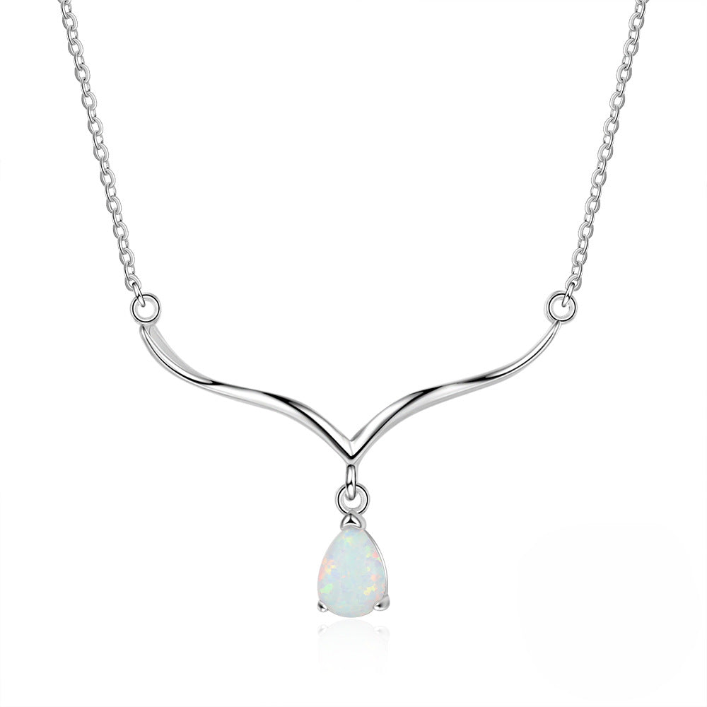 V Shape Pendant Pear Shape Opal Sterling Silver Necklace
