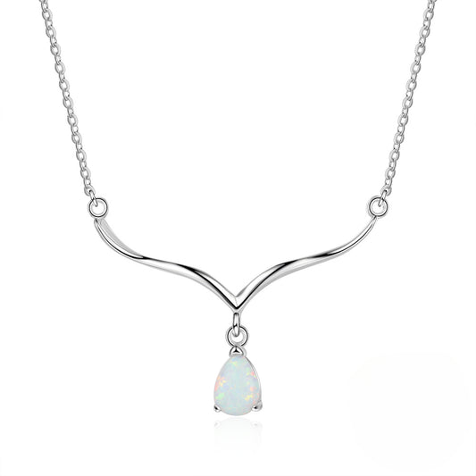 V Shape Pendant Pear Shape Opal Sterling Silver Necklace