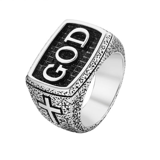 Latin Cross GOD Rectangle Titanium Steel Ring for Men
