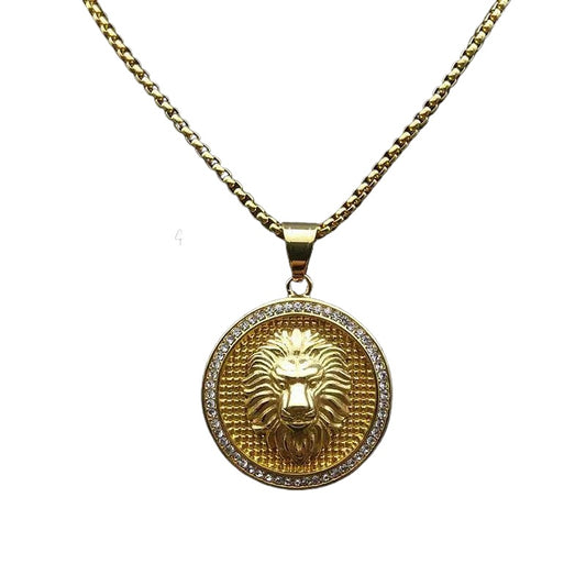 Rhinestone Necklace - Luxury Lion Head Pendant, Gold Plated Steel, Hip Hop Style
