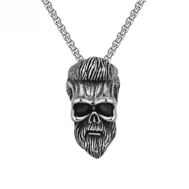 Steel Necklace – Vintage Bearded Skull Pendant for Men