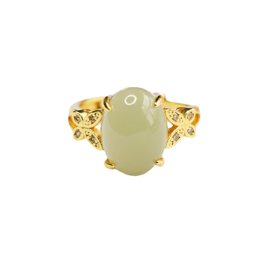 Oval Hetian Jade Ring with Zircon Butterfly Accent and Adjustable Design