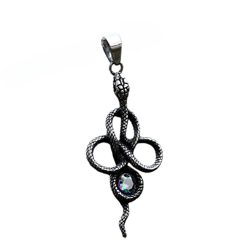 Titanium Steel Snake Pendant with Stone Inlay - Retro European and American Jewelry for Men