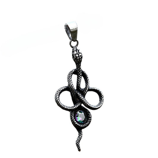 Titanium Steel Snake Pendant with Stone Inlay - Retro European and American Jewelry for Men
