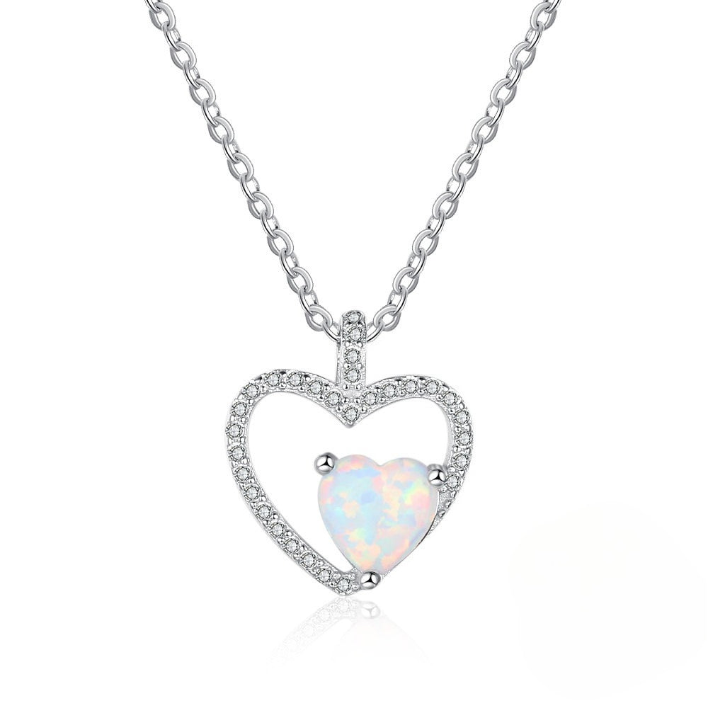 Planderful Jewelry Opal Heart Necklace in Sterling Silver with Elegant Heart Pendant