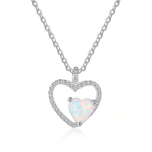 Planderful Jewelry Opal Heart Necklace in Sterling Silver with Elegant Heart Pendant