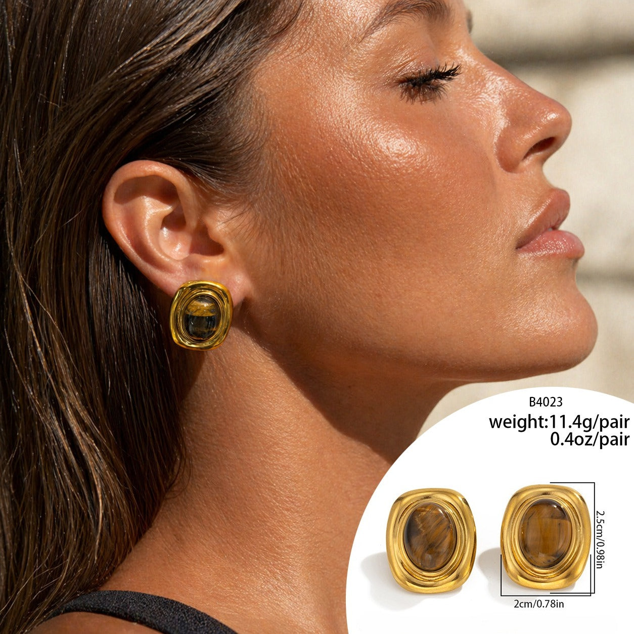 Planderful Stainless Steel Stud Earrings Tiger Stone Inlaid Geometric Pearl Square Statement For Trendsetting Women