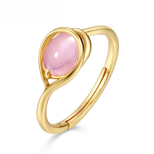 Oval Pink Crystal Water Droplet Opening Silver Ring