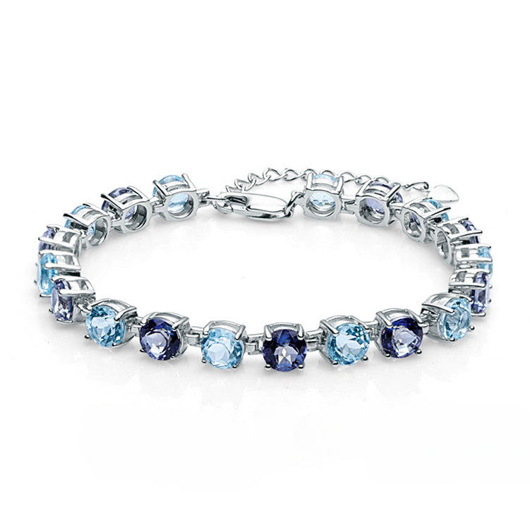 Round Cut Natural Gemstones Beading Silver Bracelet