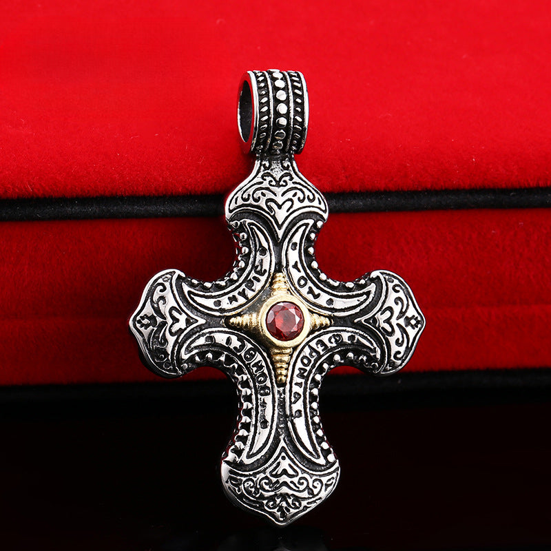 Personalized Titanium Steel Cross Pendant with Engraved Zircon for Men and Women - Wholesale Retro Jewelry