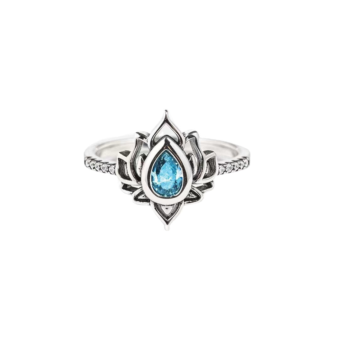 Pear Shape Blue Zircon Lotus Opening Sterling Silver Ring