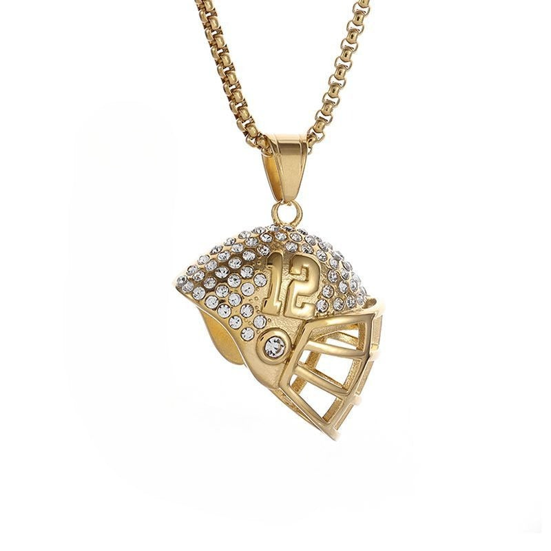 Planderful Everyday Genie Hip Hop Football Helmet Pendant Necklace Premium Gold Plated Titanium Steel Zircon