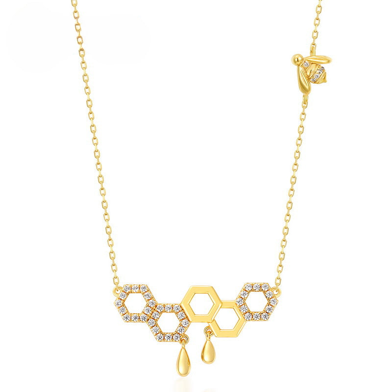 Honeycomb Pendant Little Bee Zircon Sterling Silver Necklace