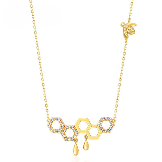 Honeycomb Pendant Little Bee Zircon Sterling Silver Necklace