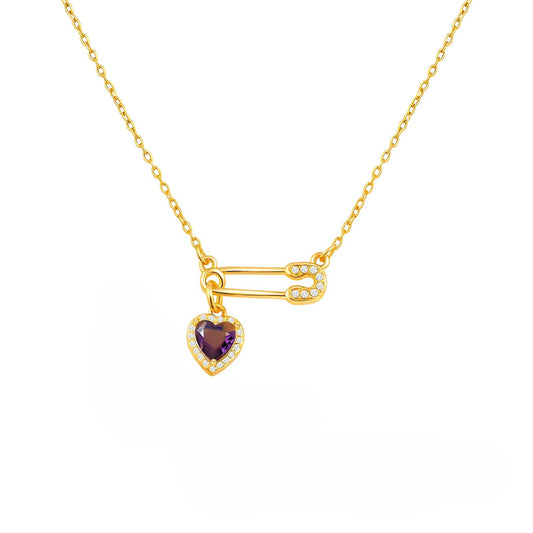 Stainless Steel Flat Cross Chain Heart-Shaped Zircon Copper Pin Necklace