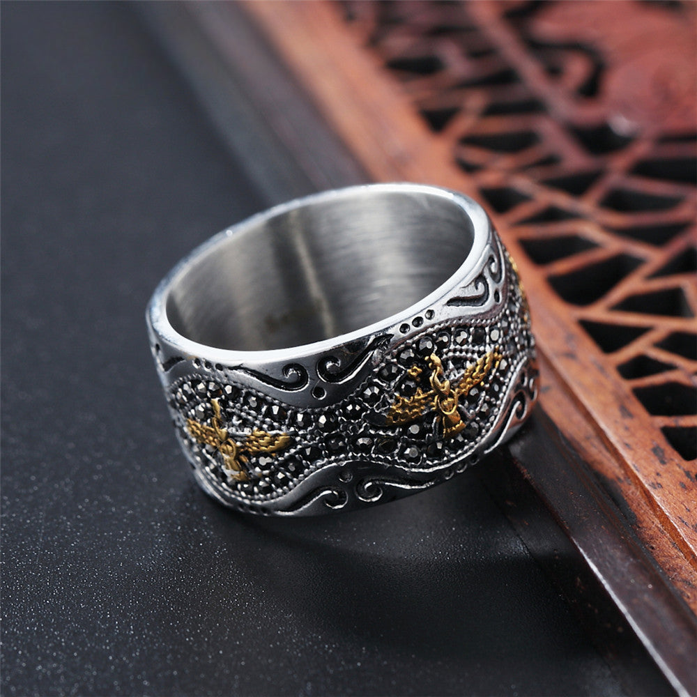 Vintage Pattern Golden Flying Eagle Zircon Titanium Steel Ring for Men