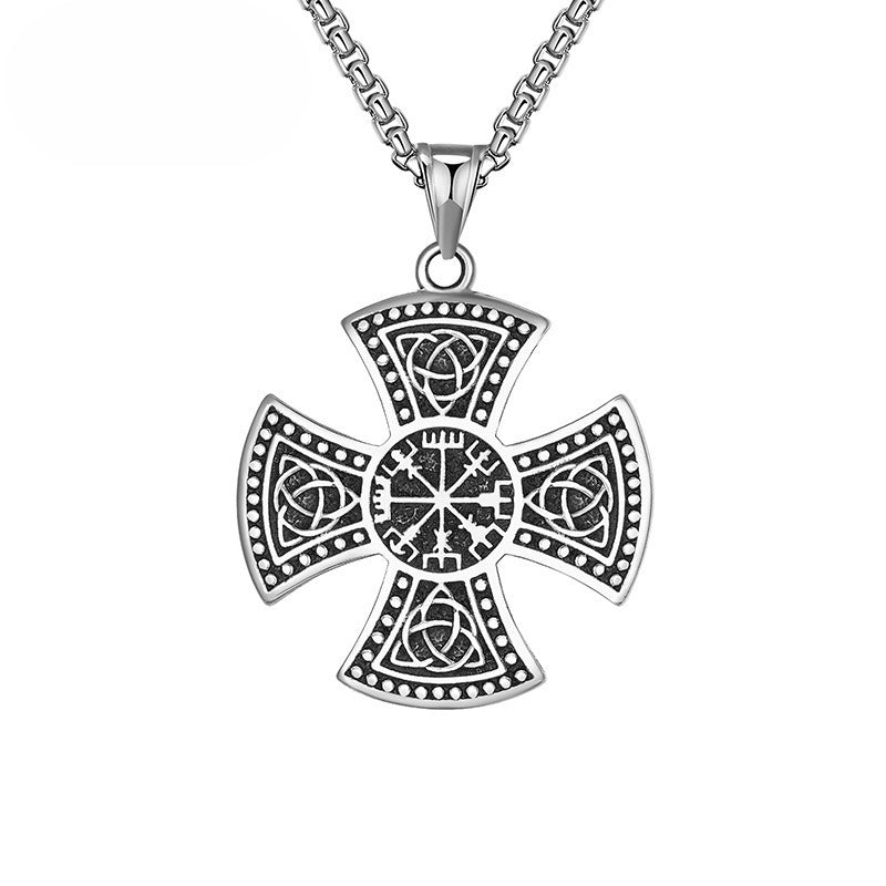 Steel Necklace - Vintage Celtic Viking Rune Cross Pendant For Men With Bold Durable Steel Finish
