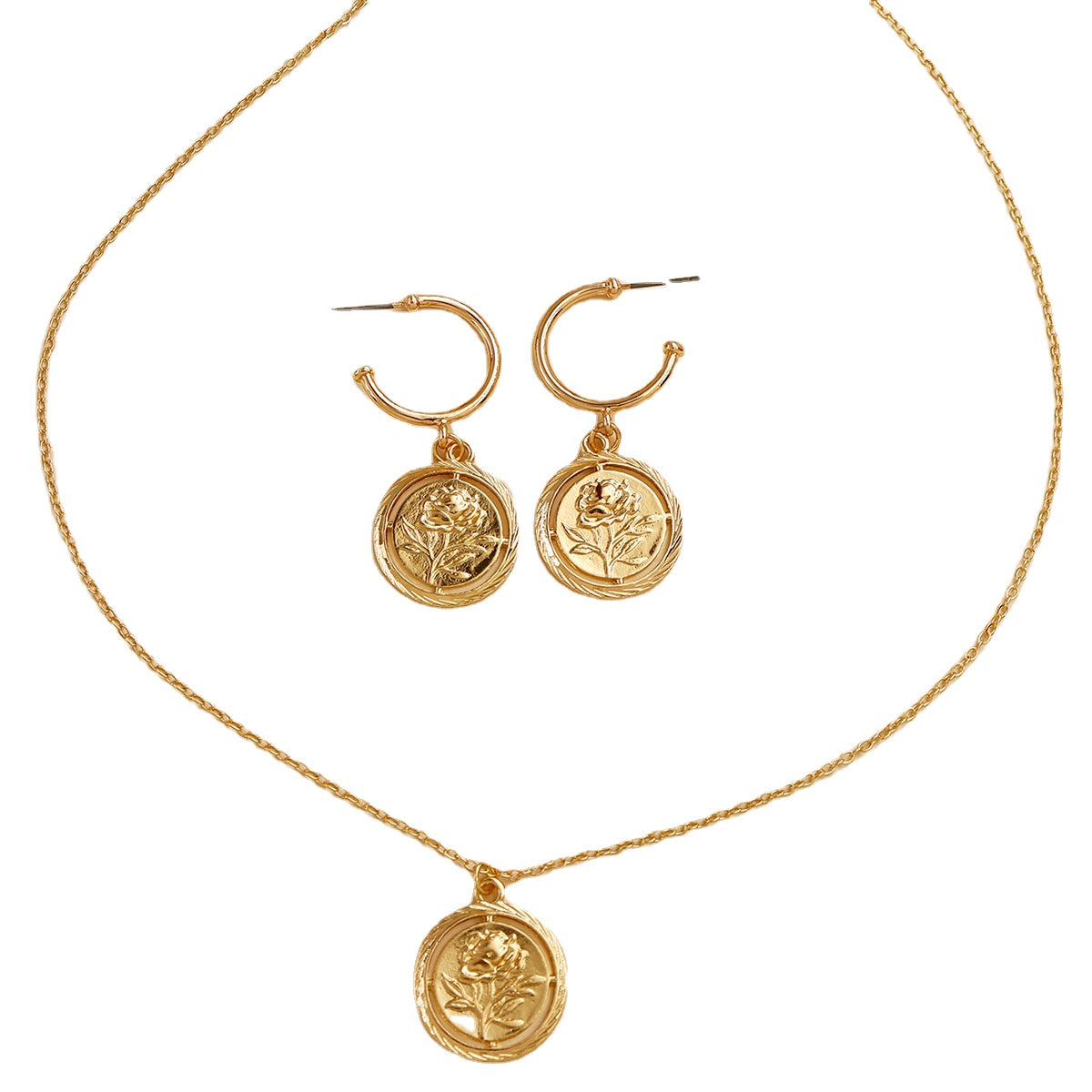 Wholesale European Cross-border Rose Jewelry Set with Embossed Pendant