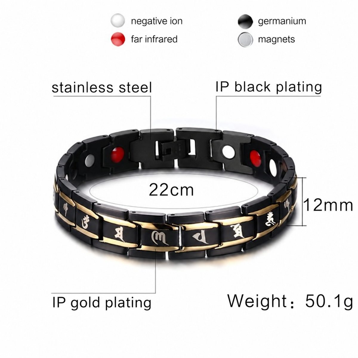 Black and gold bracelet specifications in English