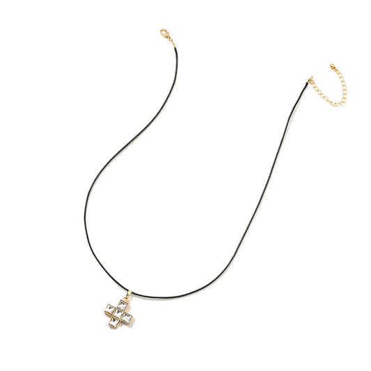 Retro Black Leather Rope Glass Cross Necklace for Women