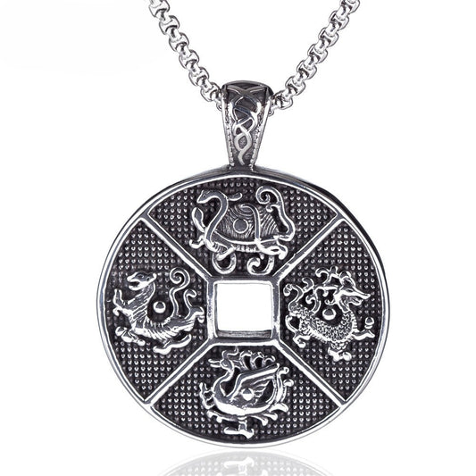 Planderful Stainless Steel Necklace Mens Unisex Retro Four Great Beasts Pendant Protection Statement