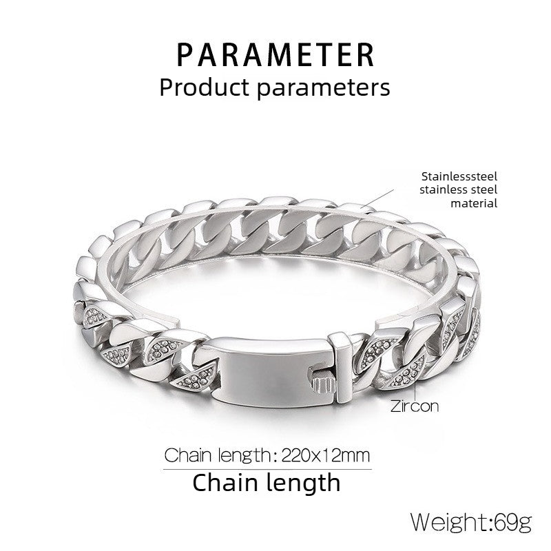 Korea Dongdaemun Glossy – Generous Titanium Steel Men's Zircon Cuban Chain Bracelet