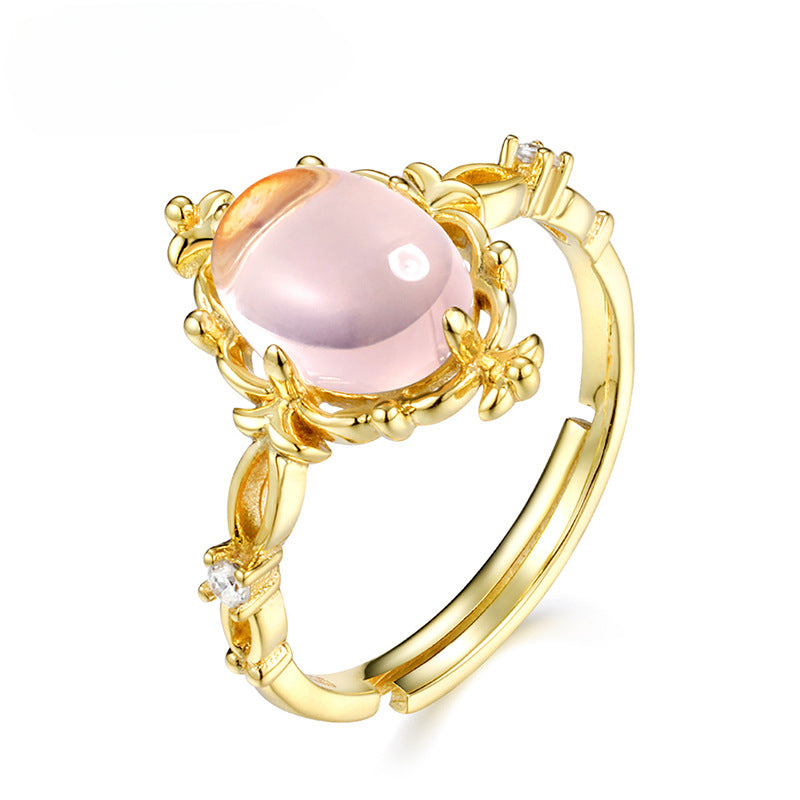 Luxury Oval Pink Crystal Opening Silver Ring