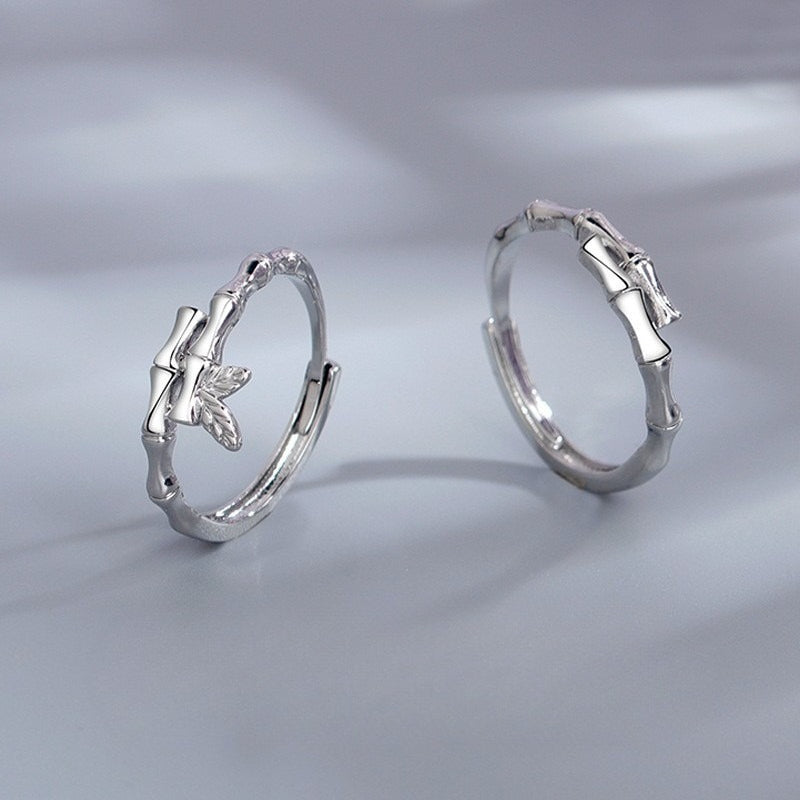 S925 Sterling Silver Bamboo Leaf Couple Ring — Adjustable
