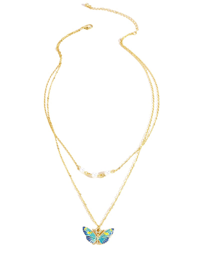 Blue Butterfly Double Necklace with Metal Chain - Vienna Verve Collection