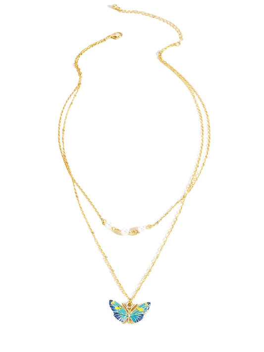 Blue Butterfly Double Necklace with Metal Chain - Vienna Verve Collection