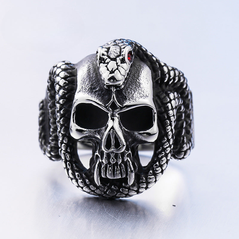 Retro Titanium Steel Python Skull Ring with Sparkling Zircon Accents for Men