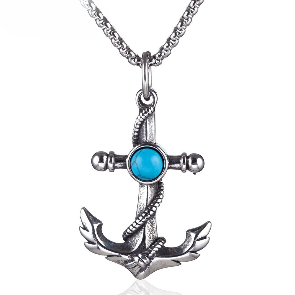 Planderful Turquoise Anchor Necklace Titanium Steel Pendant For Men Unisex Protection Charm