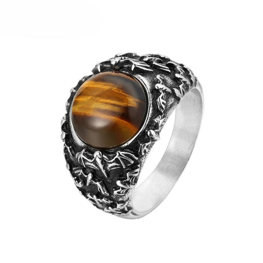Planderful Titanium Steel Ring For Men Unisex Retro Goth Bat Colored Stone Jewelry Personalized Protection Statement