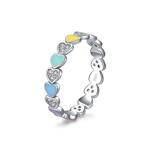 Enamel Heart-shaped Sterling Silver Ring with Zircon Detailing