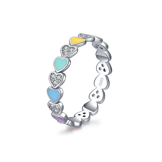 Enamel Heart-shaped Sterling Silver Ring with Zircon Detailing
