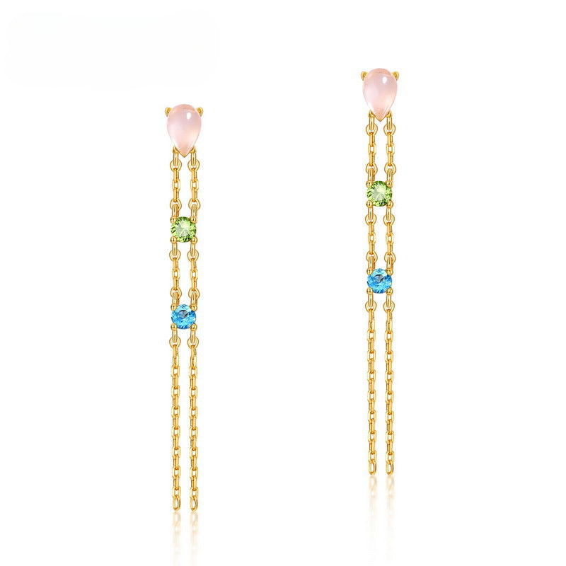 Luxury Pear Shape Pink Crystal Tassel Silver Drop Earrings