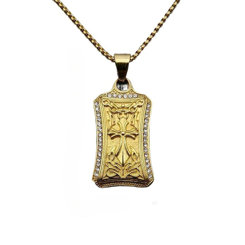 Zircon Necklace – Statement Cross Pendant In Stainless Steel Gold Plated With Hip Hop Edge